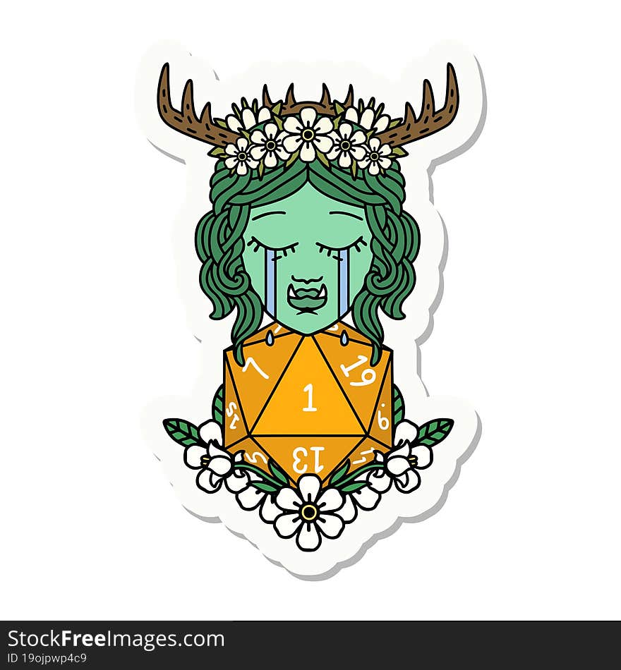 sad half orc druid character with natural one dice roll sticker