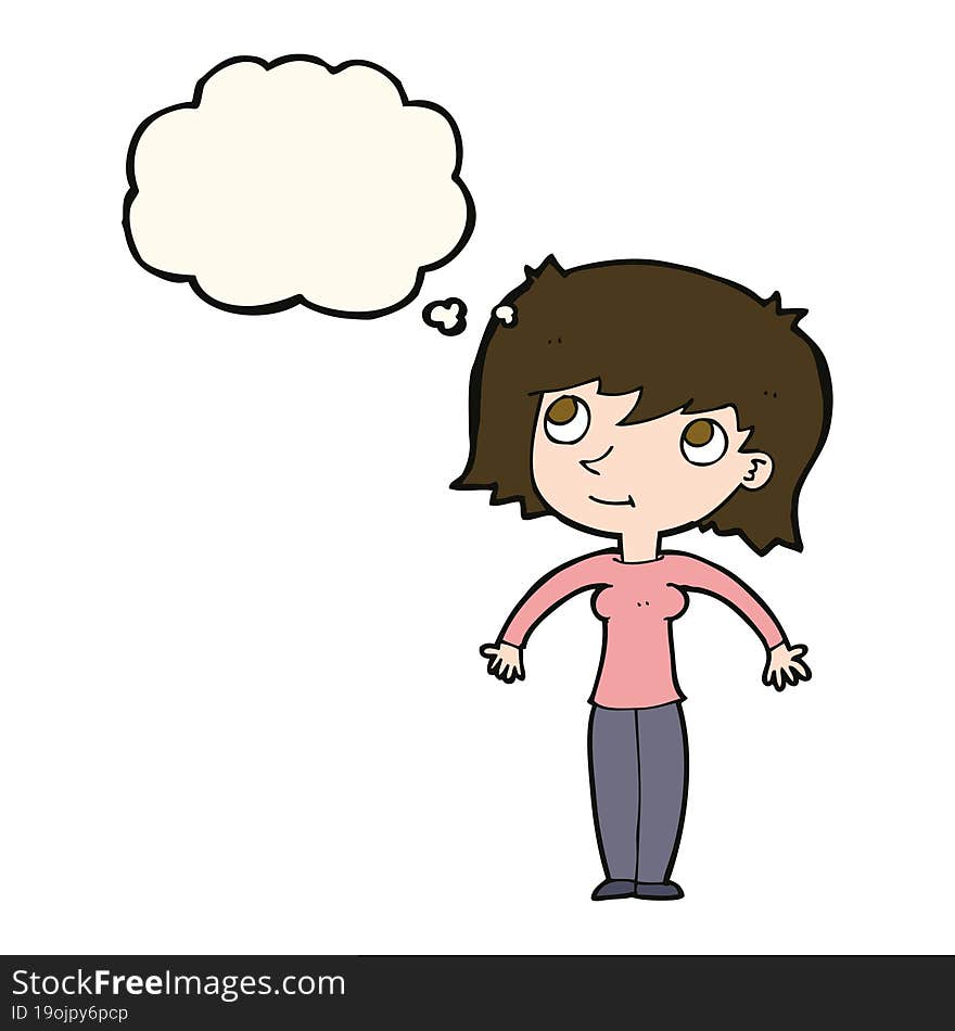 Cartoon Woman Shrugging With Thought Bubble