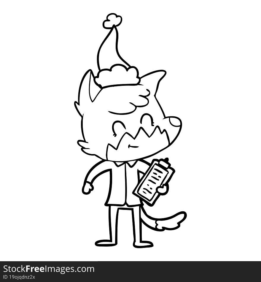 line drawing of a friendly fox manager wearing santa hat