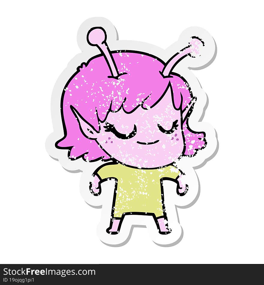 distressed sticker of a smiling alien girl cartoon