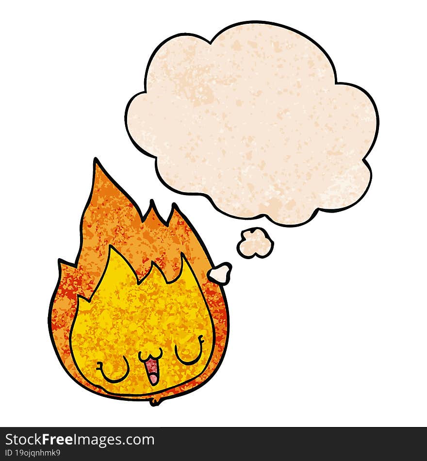 Cartoon Flame With Face And Thought Bubble In Grunge Texture Pattern Style