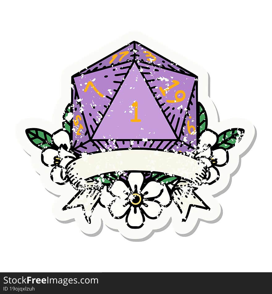 natural one d20 dice roll grunge sticker