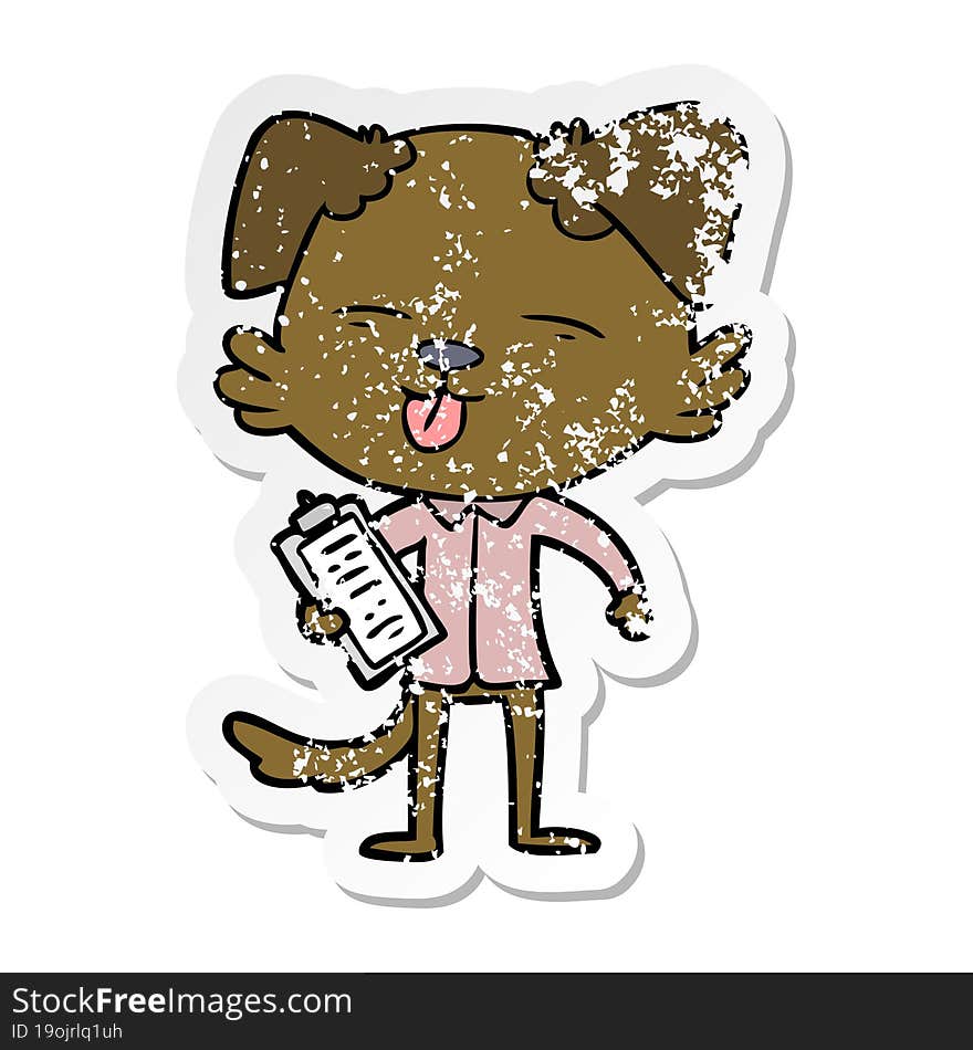 distressed sticker of a cartoon dog with clip board