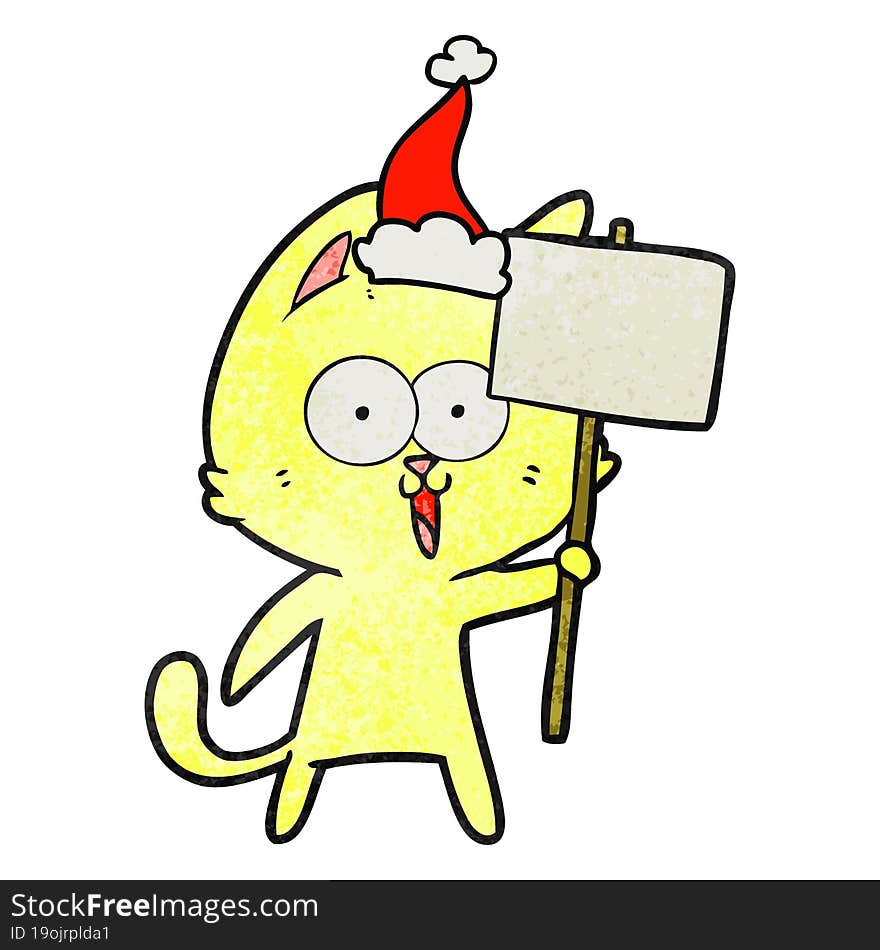 Funny Textured Cartoon Of A Cat With Sign Wearing Santa Hat