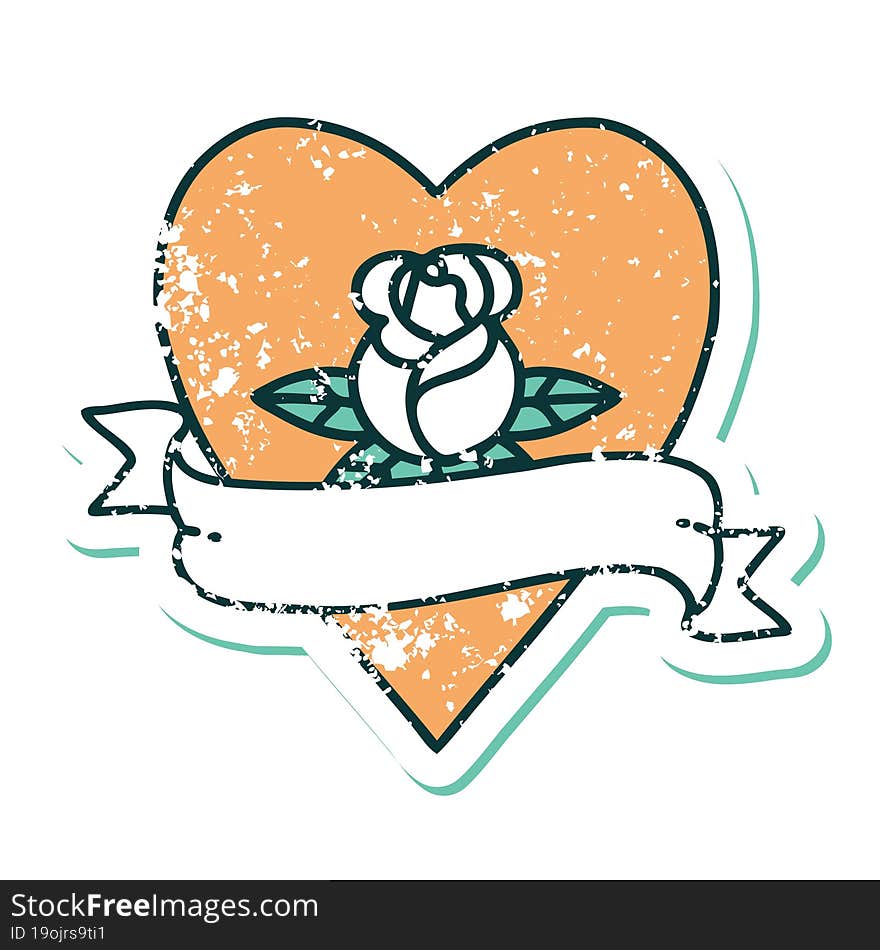 distressed sticker tattoo style icon of a heart rose and banner