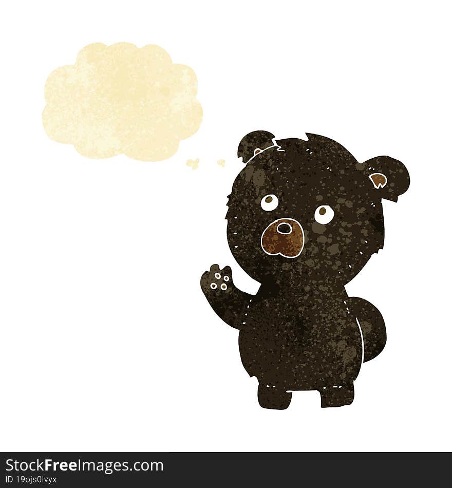 cartoon waving black bear with thought bubble