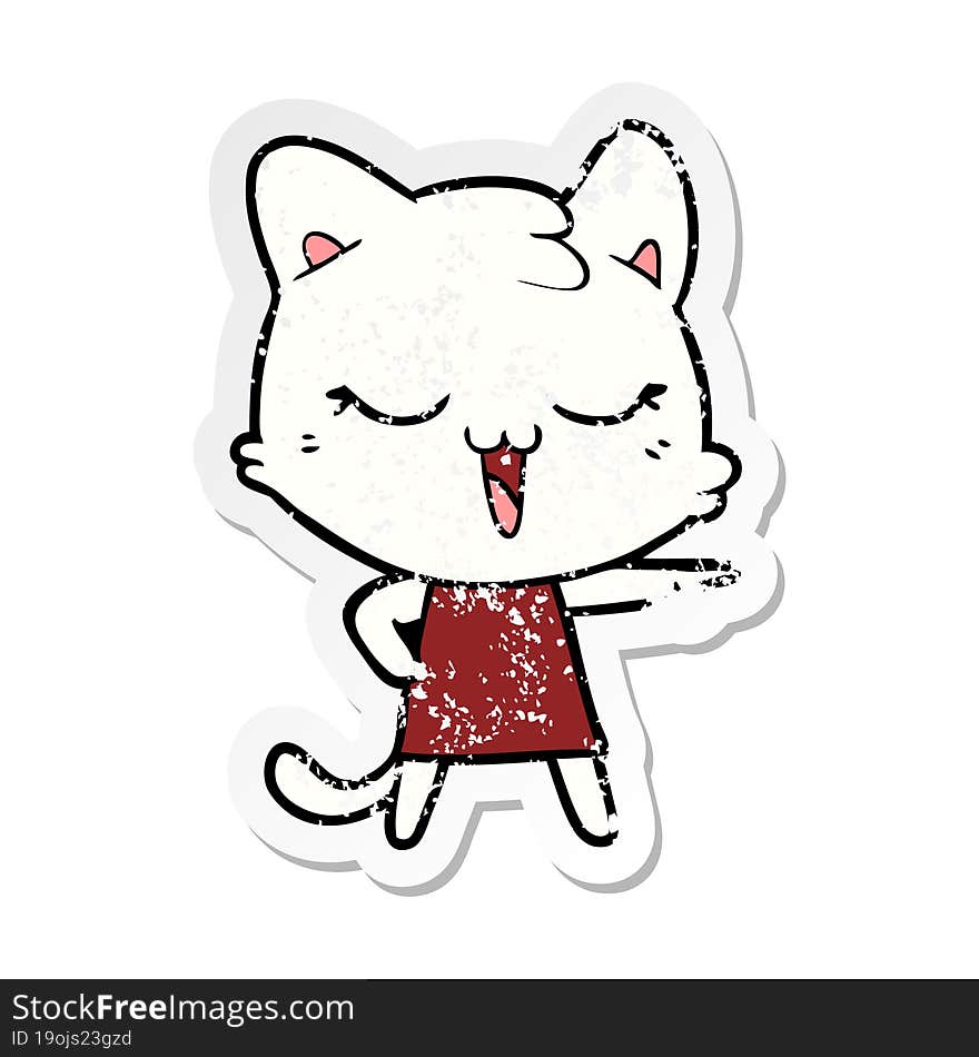 distressed sticker of a happy cartoon cat