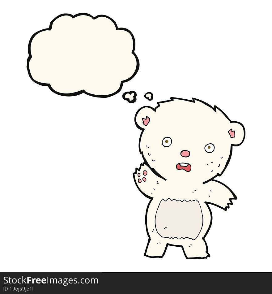 cartoon waving polar bear cub with thought bubble