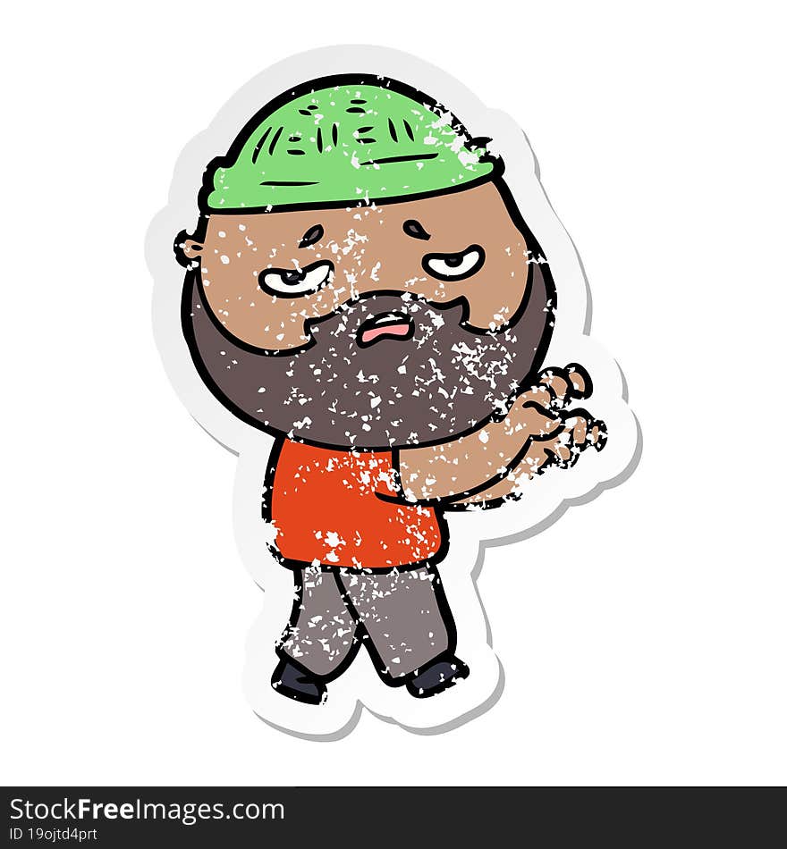 Distressed Sticker Of A Cartoon Worried Man With Beard