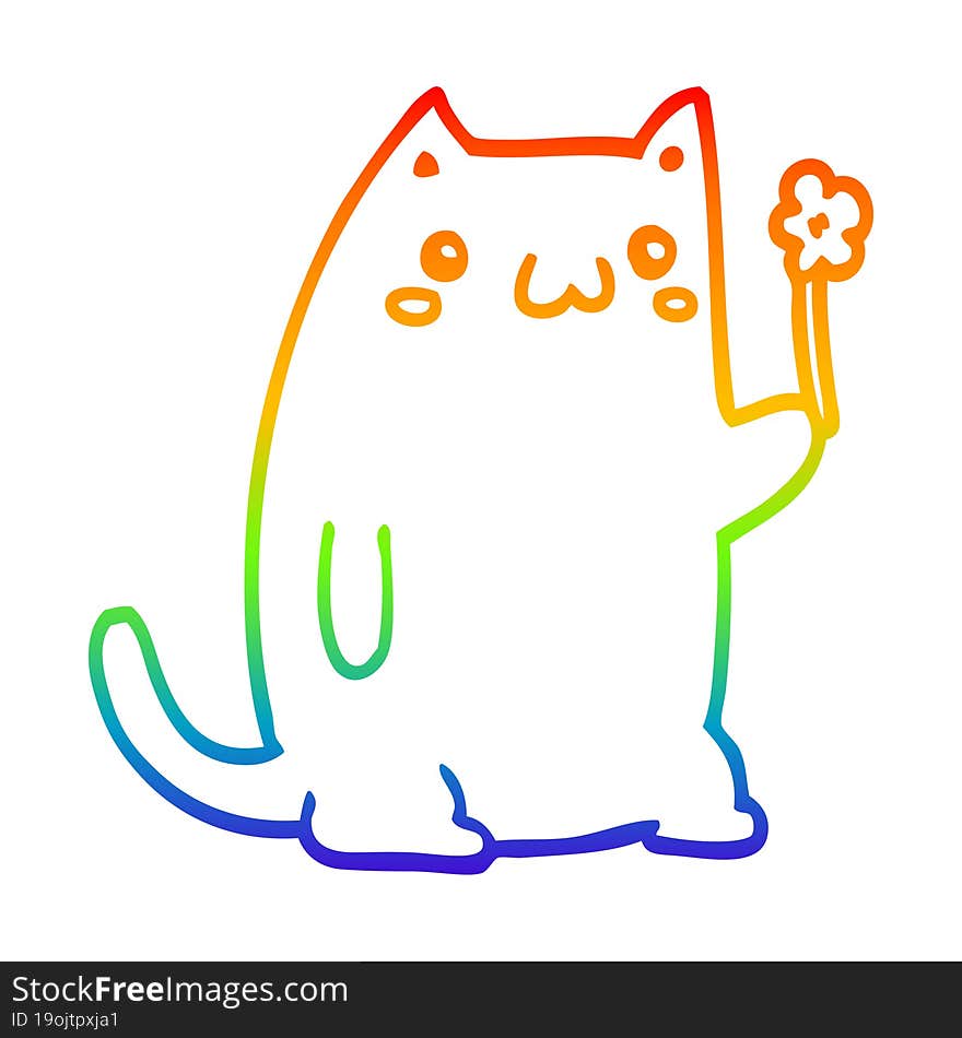 rainbow gradient line drawing of a cute cartoon cat with flower