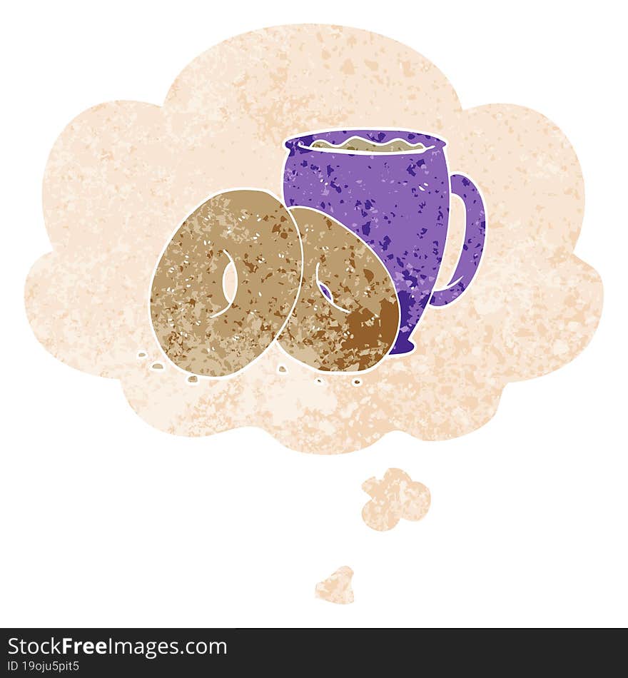 cartoon coffee and donuts and thought bubble in retro textured style