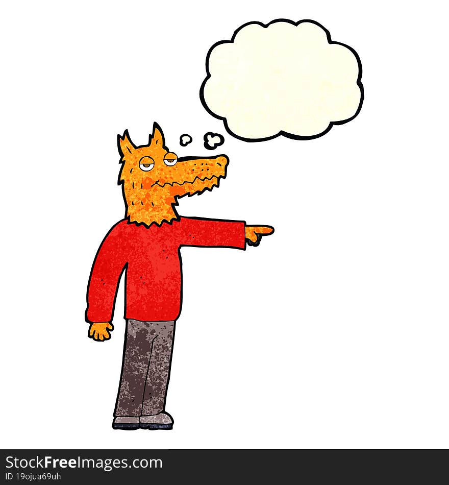 cartoon fox man pointing with thought bubble