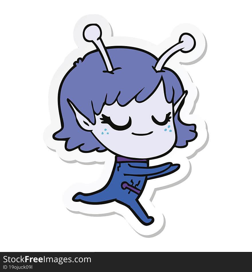 Sticker Of A Smiling Alien Girl Cartoon Running