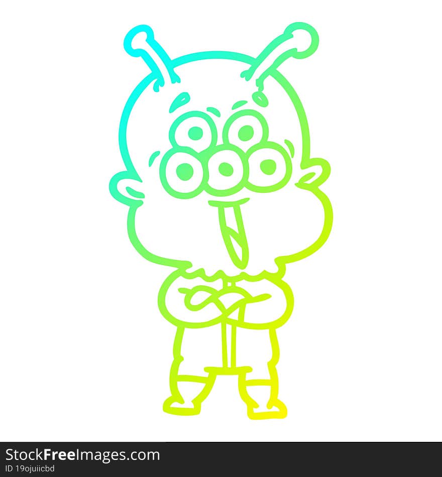 cold gradient line drawing of a happy cartoon alien