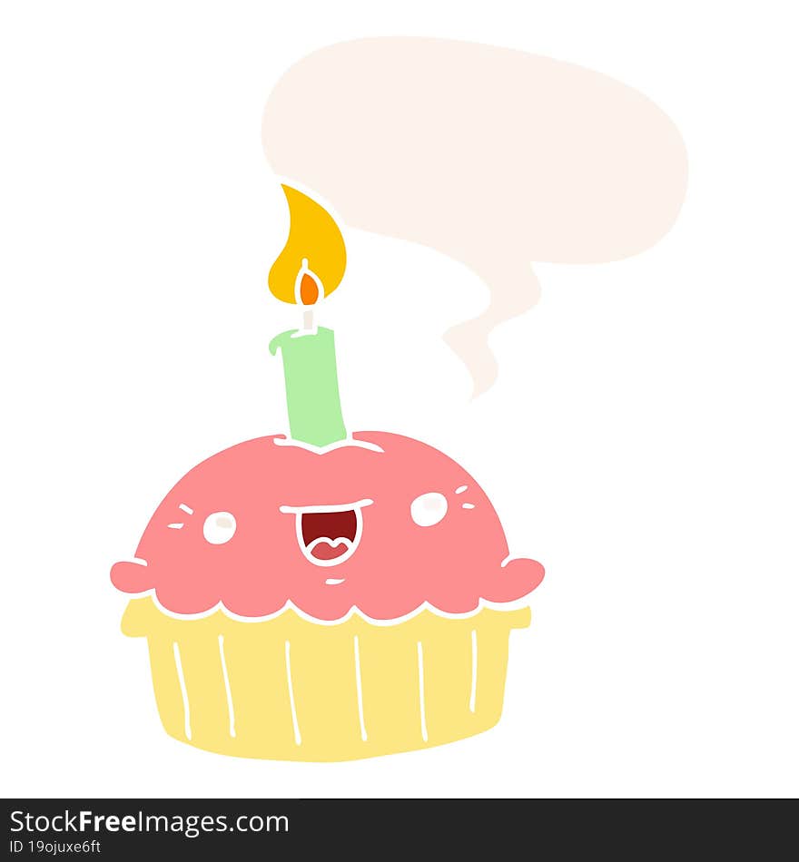 cartoon cupcake and candle and speech bubble in retro style