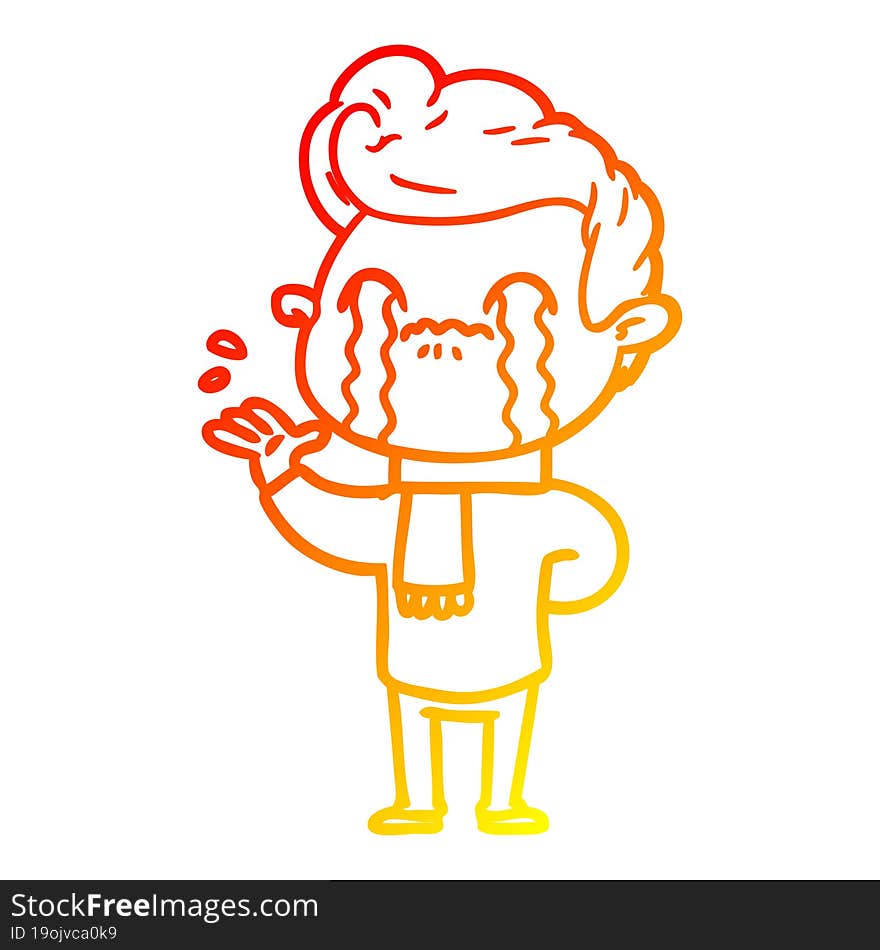 warm gradient line drawing of a cartoon man crying