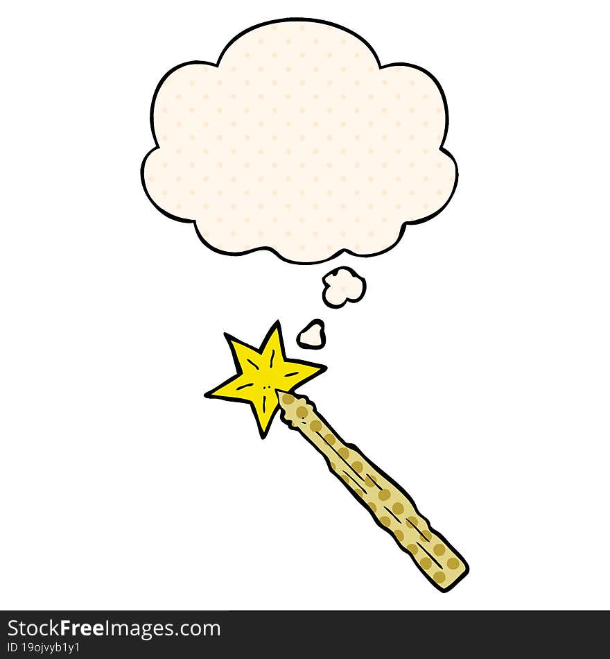 cartoon magic wand with thought bubble in comic book style