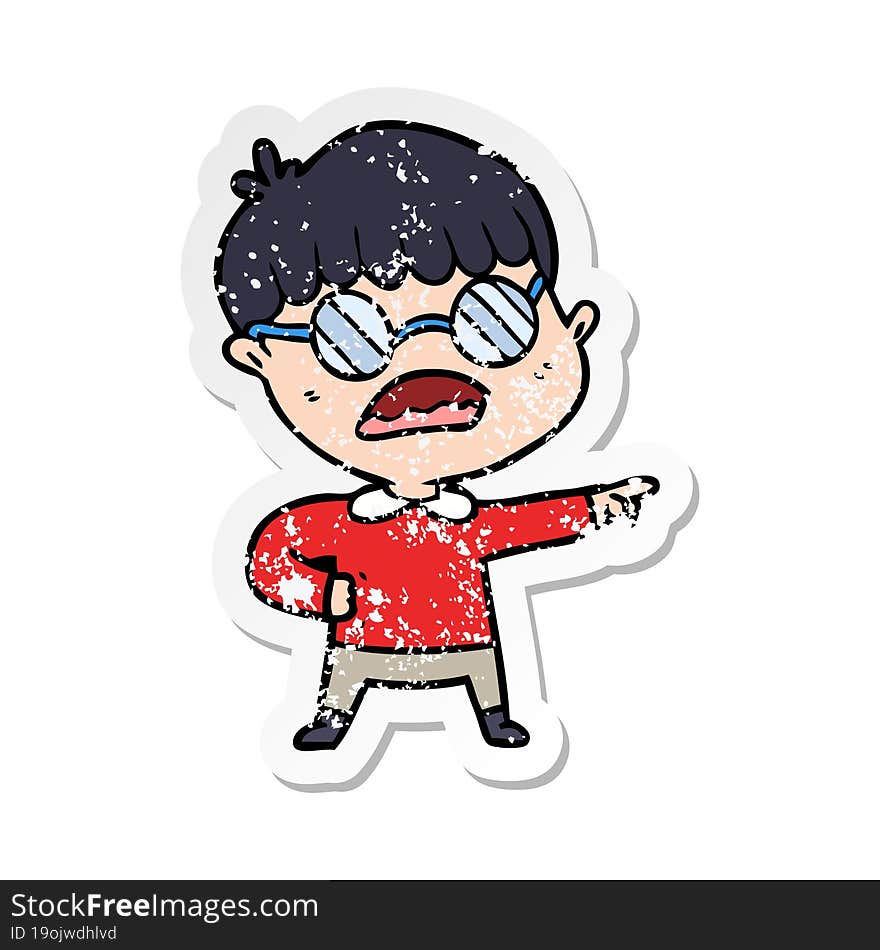 distressed sticker of a cartoon pointing boy wearing spectacles