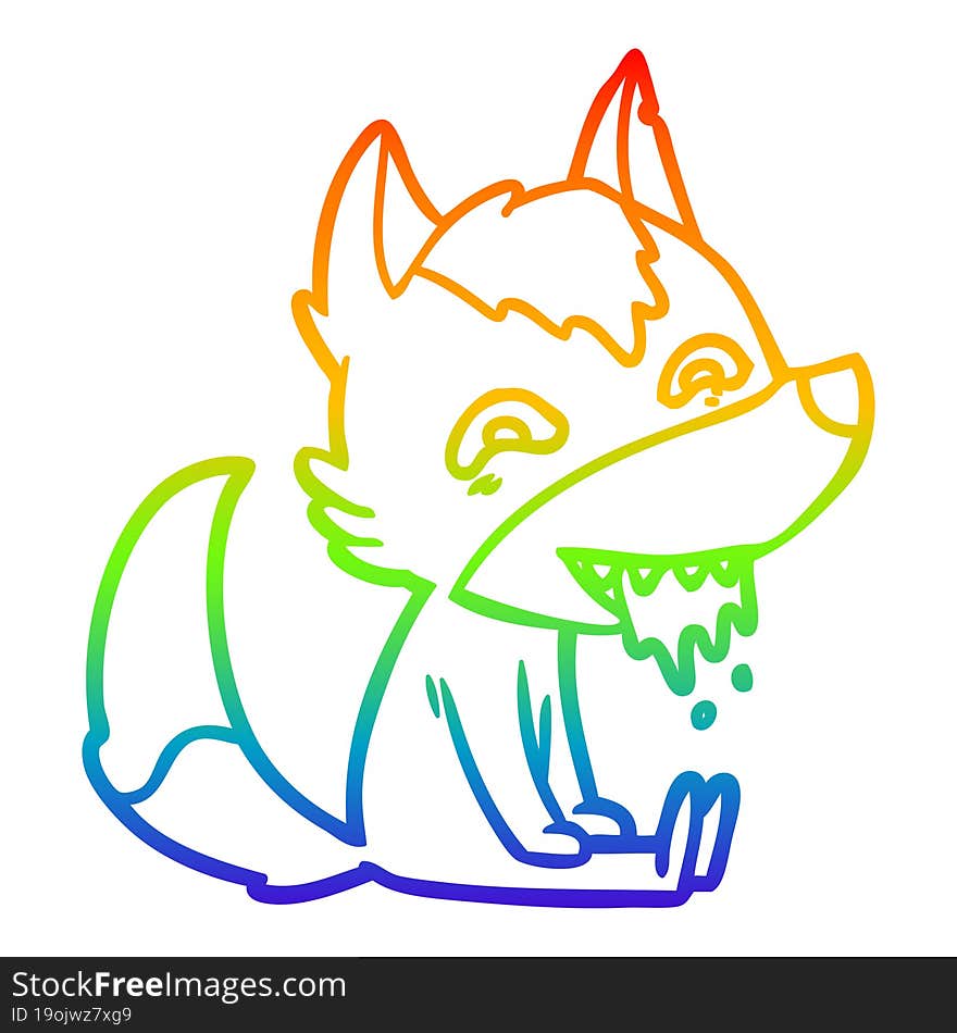 rainbow gradient line drawing of a cartoon hungry wolf sitting waiting