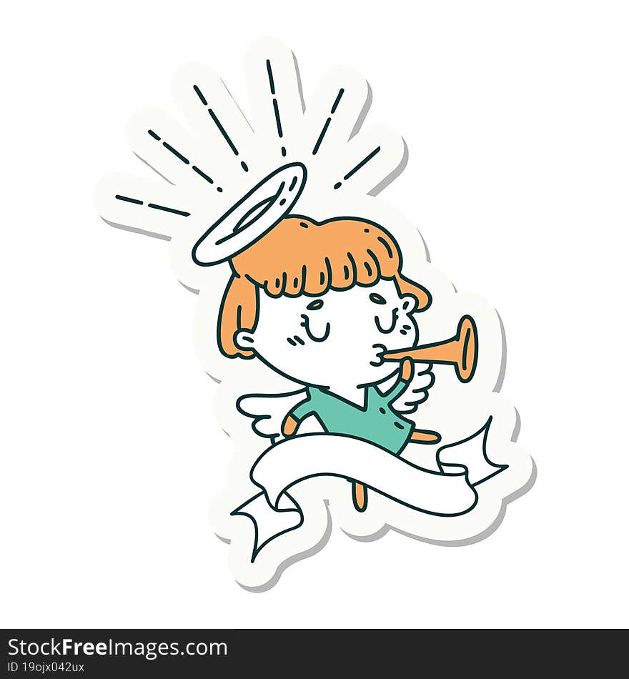 sticker of tattoo style angel blowing trumpet