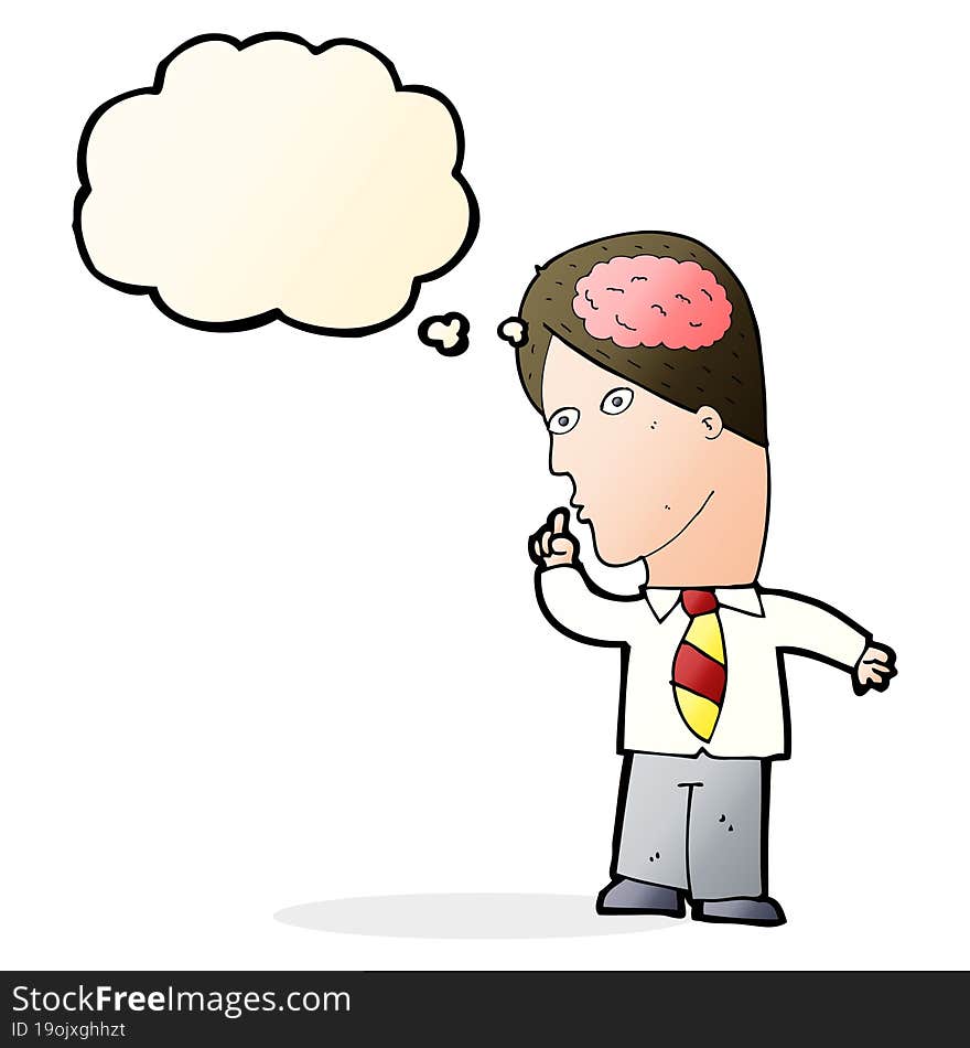 cartoon businessman with huge brain with thought bubble