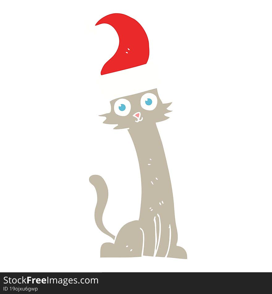 flat color illustration of cat in christmas hat. flat color illustration of cat in christmas hat