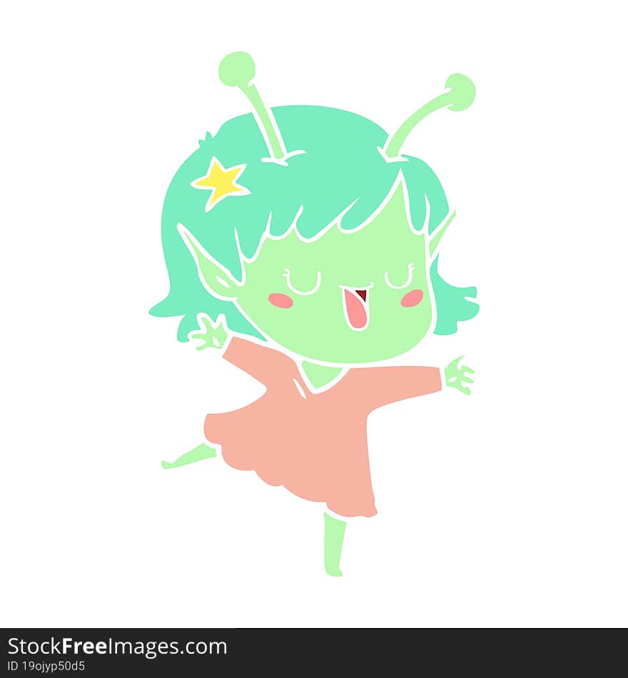 happy alien girl flat color style cartoon