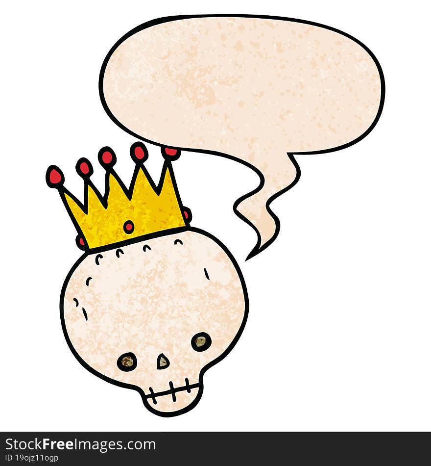 cartoon skull and crown and speech bubble in retro texture style