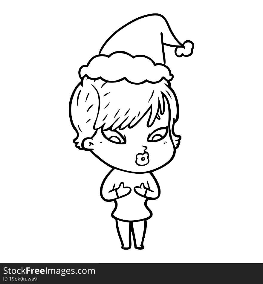 hand drawn line drawing of a woman wearing santa hat