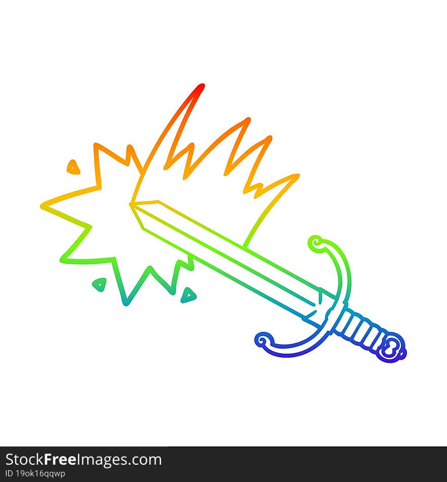 rainbow gradient line drawing of a swinging cartoon sword