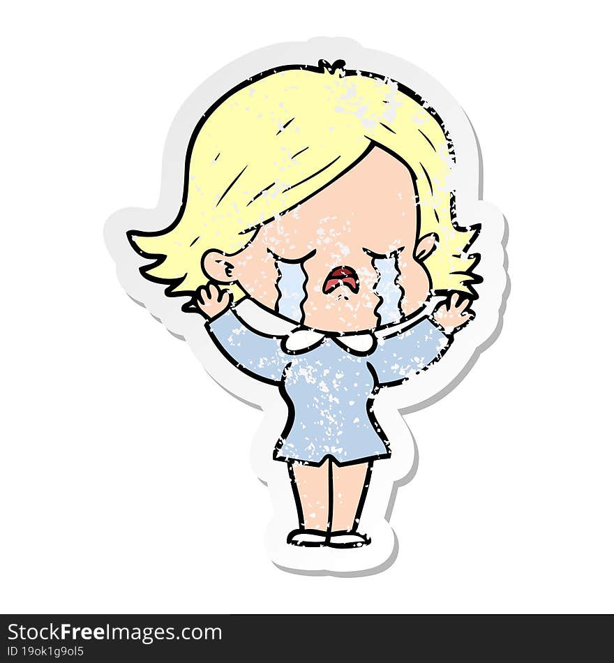 distressed sticker of a cartoon girl crying