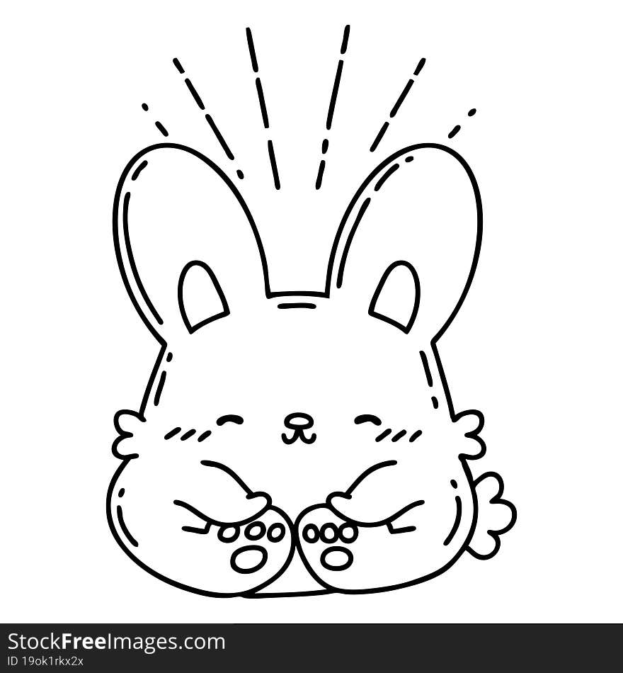 illustration of a traditional black line work tattoo style happy rabbit