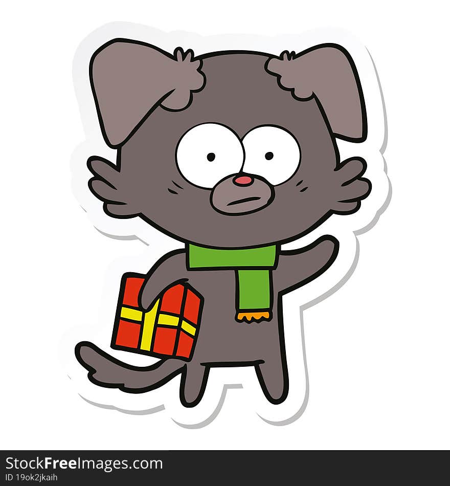 sticker of a nervous dog cartoon with gift