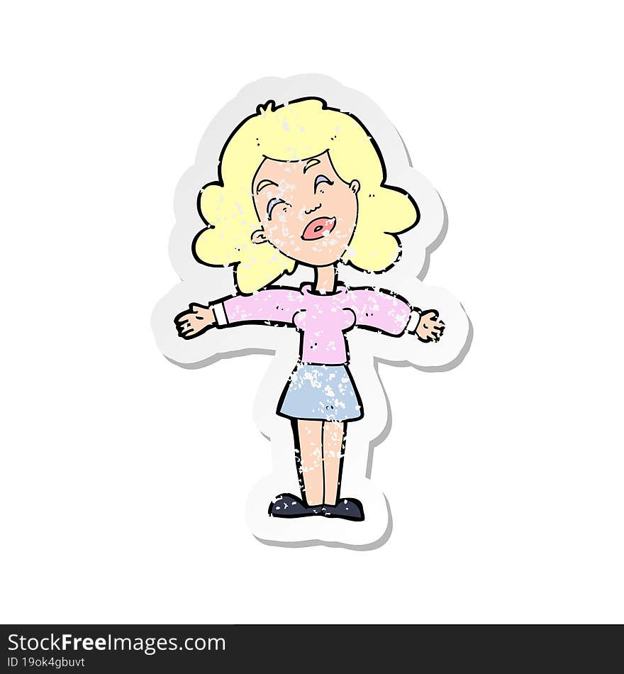 retro distressed sticker of a cartoon woman with open arms