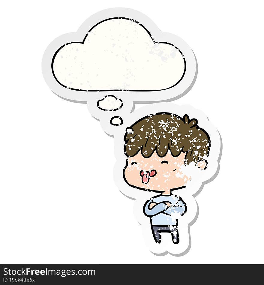 cartoon boy sticking out tongue with thought bubble as a distressed worn sticker