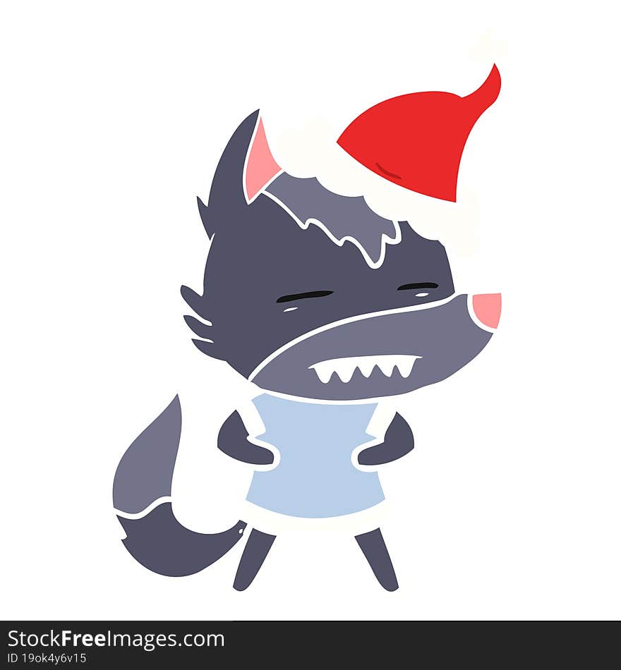 flat color illustration of a wolf showing teeth wearing santa hat