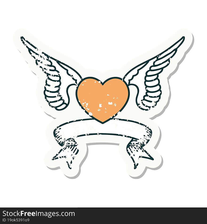 grunge sticker with banner of a heart with wings