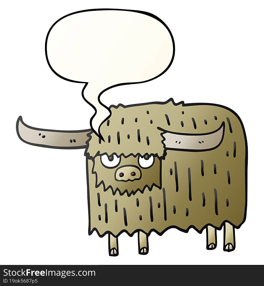 cartoon hairy cow and speech bubble in smooth gradient style