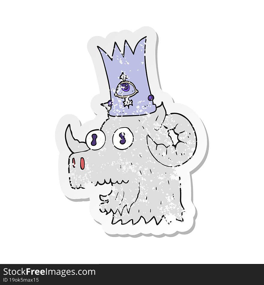 retro distressed sticker of a cartoon ram head with magical crown