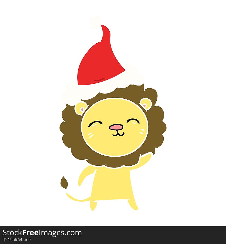 Flat Color Illustration Of A Lion Wearing Santa Hat