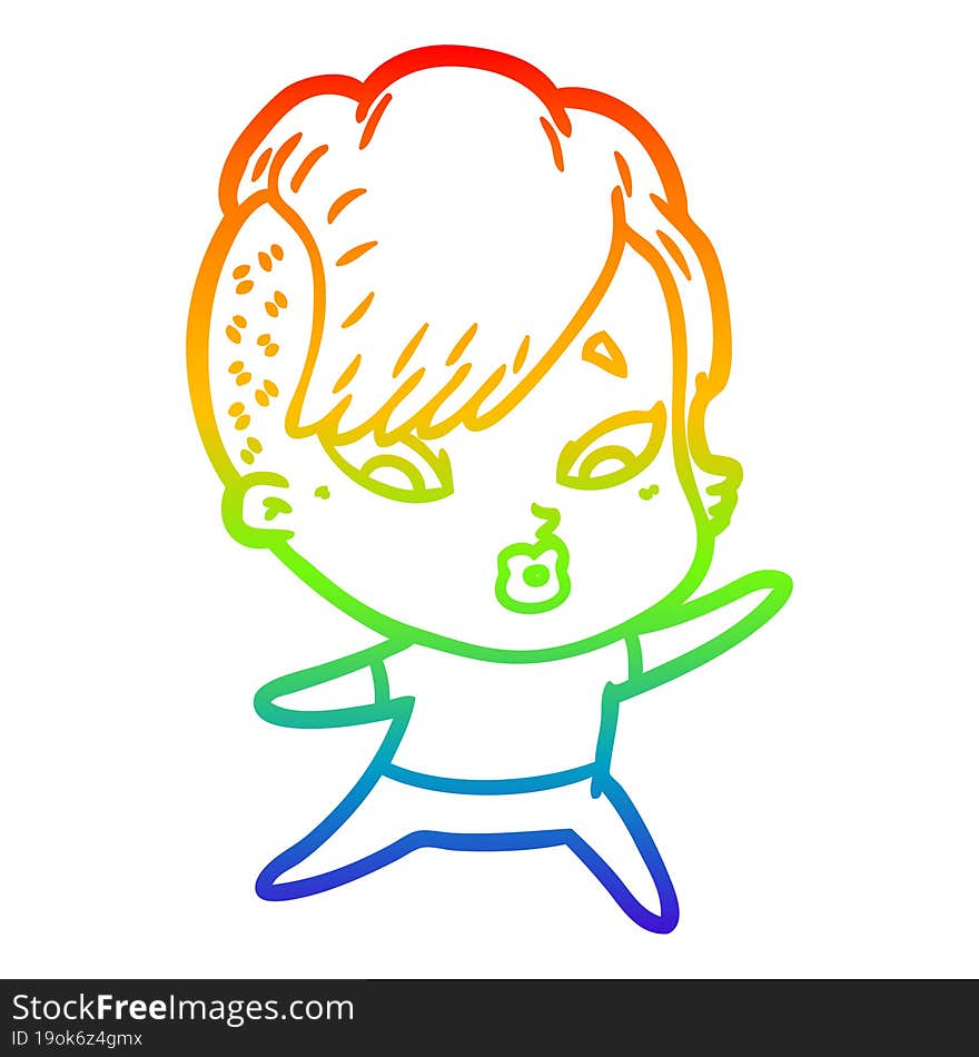 rainbow gradient line drawing cartoon surprised girl pointing