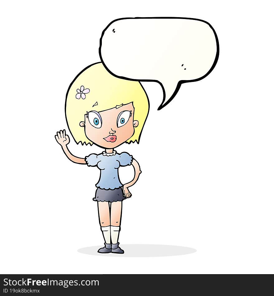 cartoon pretty girl waving with speech bubble