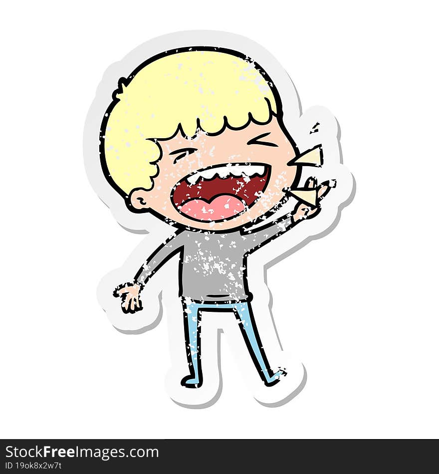 distressed sticker of a cartoon laughing man