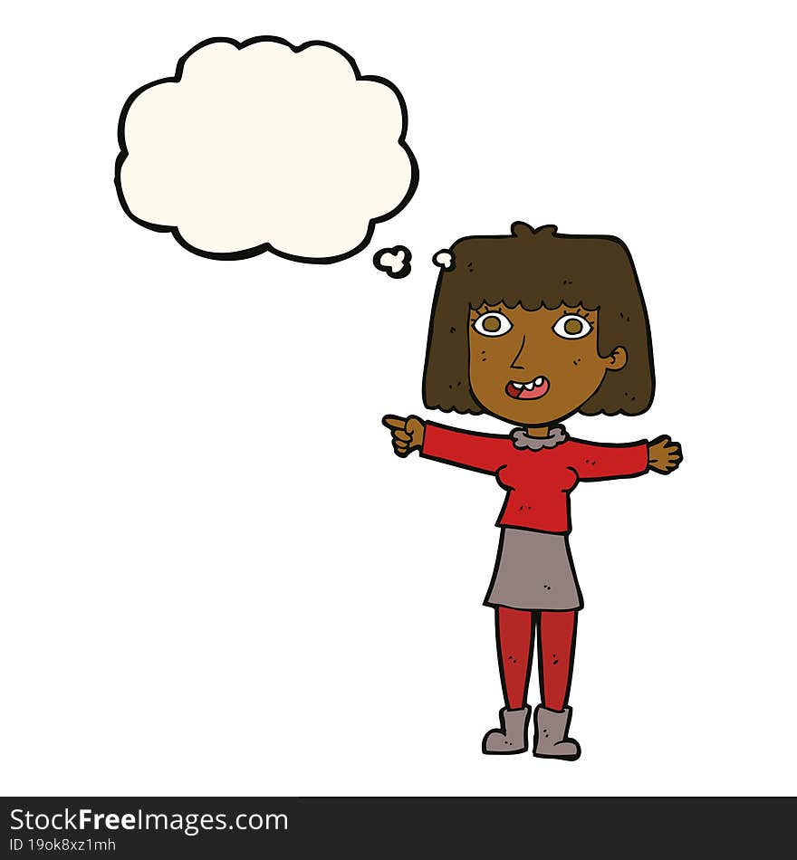 Cartoon Happy Woman Pointing With Thought Bubble