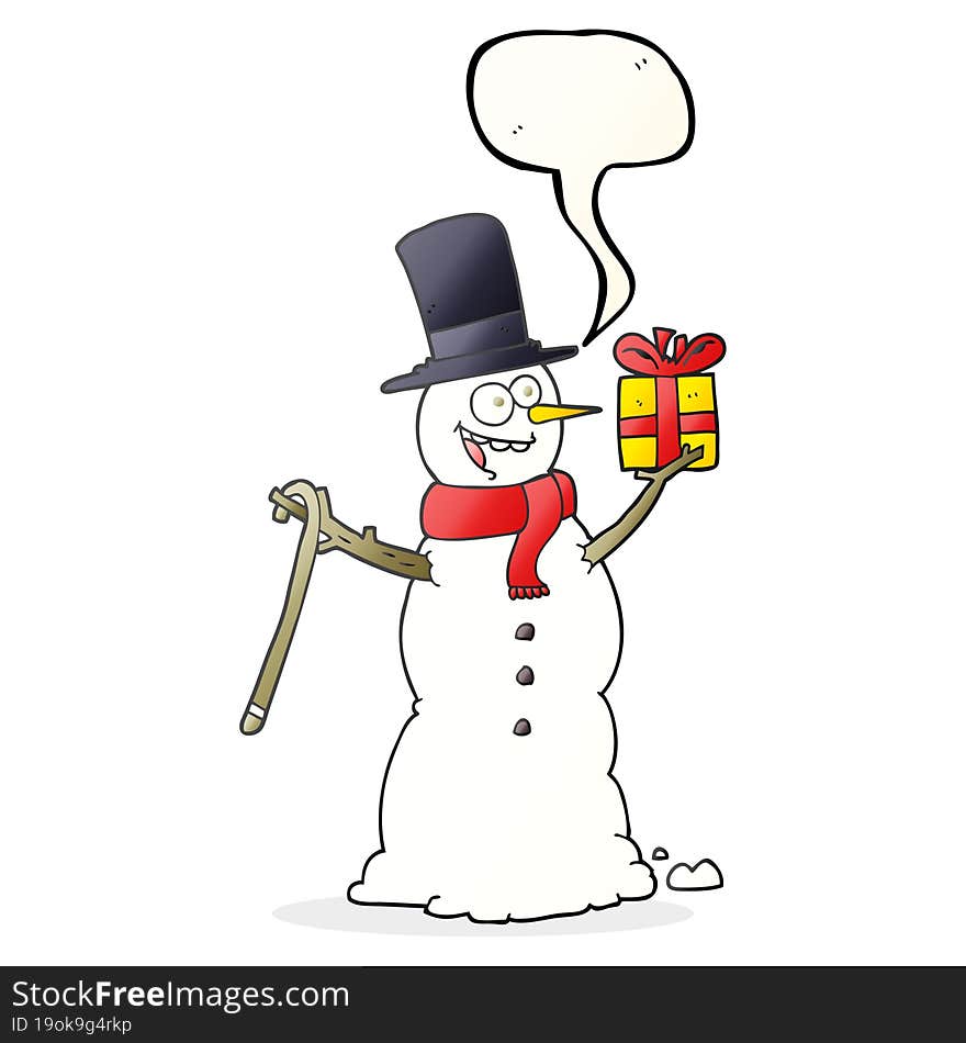 speech bubble cartoon snowman holding present