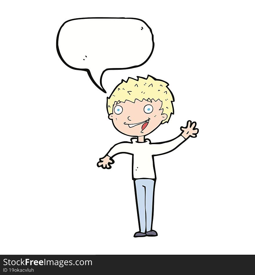 cartoon happy boy waving with speech bubble