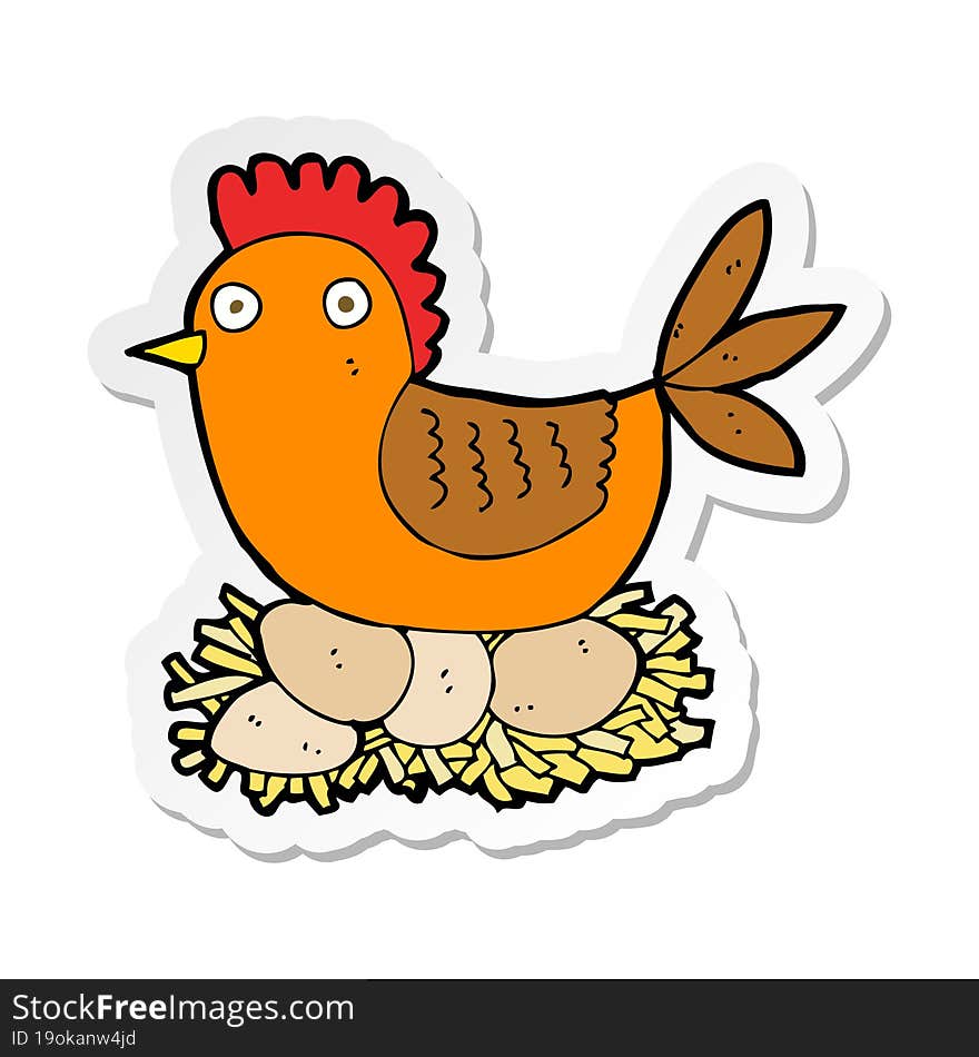 sticker of a cartoon hen on eggs