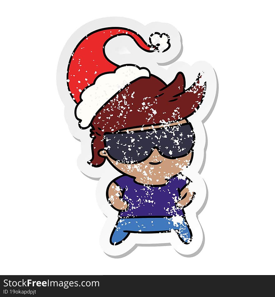 hand drawn christmas distressed sticker cartoon of kawaii boy