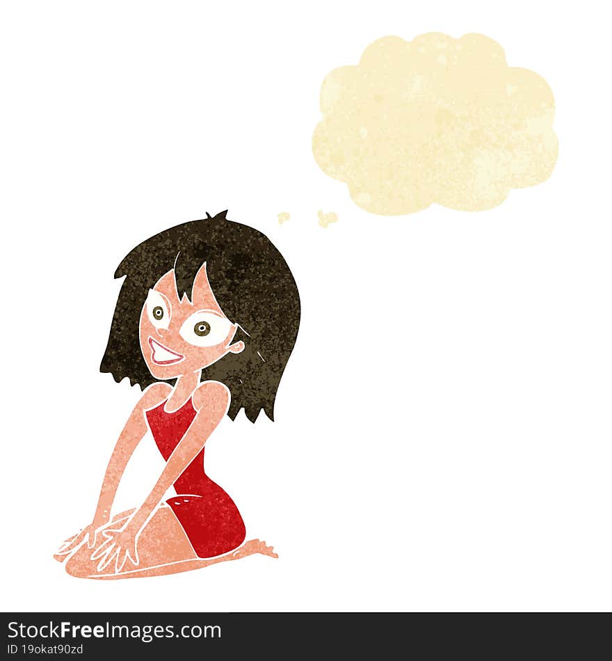 cartoon happy woman in dress with thought bubble