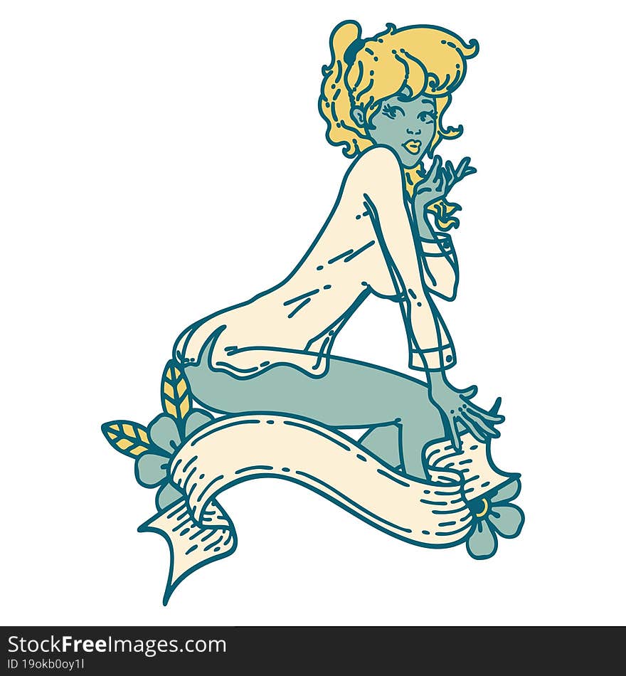 Tattoo Style Icon  Of A Pinup Girl Wearing A Shirt With Banner